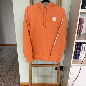 Carhartt Peach-Orange Relaxed Fit Hoodie w/ Chest and Sleeve Graphic